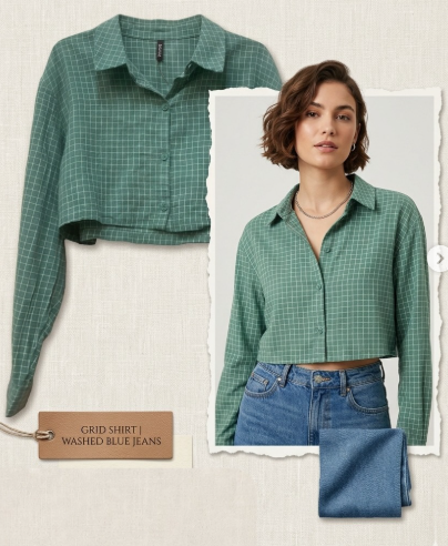 Green Grid Shirt Washed Blue Jeans Combo